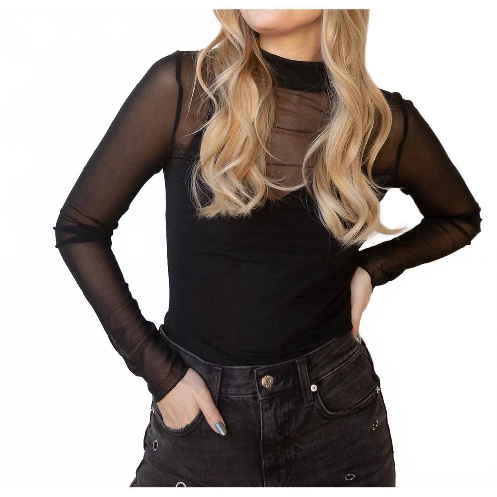 Astr Sheer Mesh Long-Sleeve Black Bodysuit
